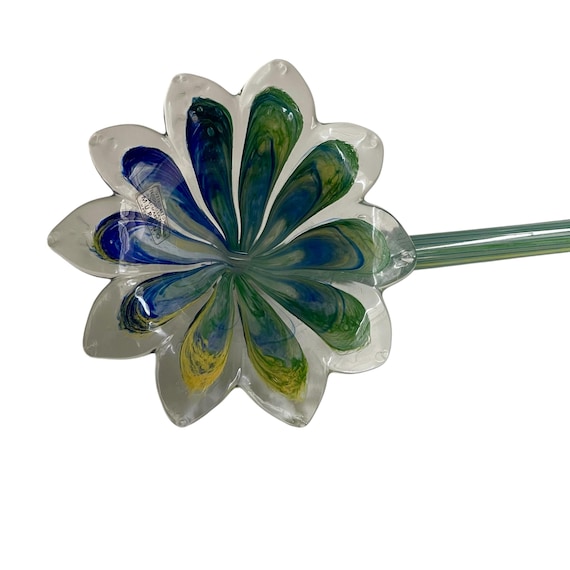 Vintage Murano Hand Blown Multicolor Glass Flower. Colorful Spring Flower Glass Art Decor. Blue. Yellow. Green. Boho. Hippie. 60s. 70s.