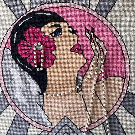 Vintage 1920's Style Art Deco Knitwork Pearl Portrait Wall Art. Roaring 20's Needlepoint Art Deco Flapper Art. Pearls. 20s Style. 80s 1980s.