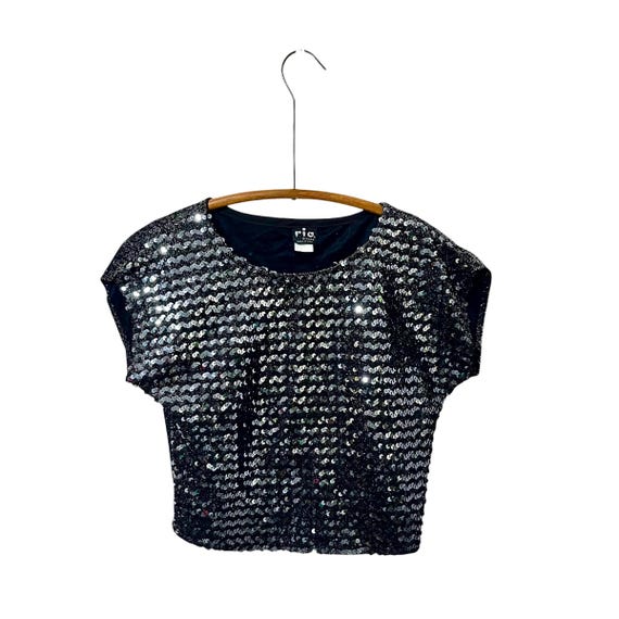 Vintage Rio Black and Silver Sequin Crop Top. Shiny Short-Sleeved Disco Party Blouse. Rio Blouse. Disco Sequin Dress Crop Top. 70s. 80s.