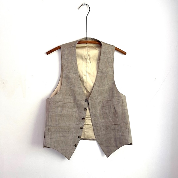 Vintage Beige Plaid Vest Jacket. 6 Buttons. Button-Up Vest. Pockets. Wool. Lined. Dark Academia. Gray-Beige. Newsboy Style. Y2K Waistcoat.