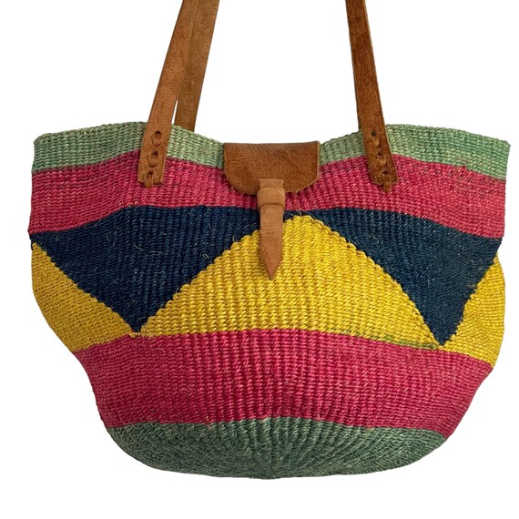 Vintage Bohemian Sisal Knit Bag: Leather Straps, Colorful Boho Purse