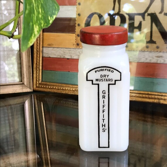 Vintage Griffiths Spice Jar. 40s 50s 60s Kitchen Jar. Milk Glass Spice Jar Bottle. Cottage Farmhouse Apothecary Spice Jar. Dry Mustard Jar.