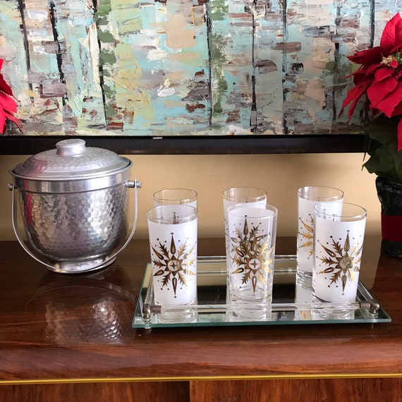 Vintage Helen Conroy Barware Glasses. Gold Silver Snowflake Frosted Barware Highball Glasses Cups. S|6. Mid Century MCM Barware. 50s 60s.