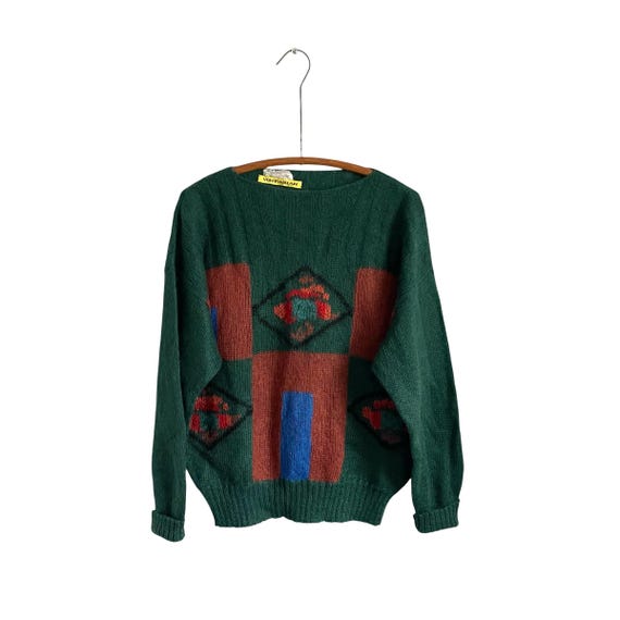 Vintage Von Fabian Multicolor Green Pullover Sweater. Hunter Green Stretchy Sweater. Flower Block Patterns. Whimsygoth 90s. 1980s. 1990s.