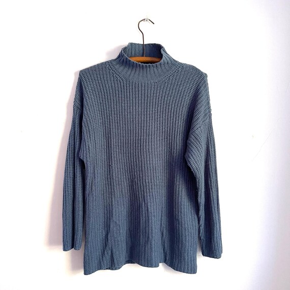 Vintage Blue Knit Ribbed Sweater. Womens Casual Ribbed Pullover Sweater. Loose Fit Tunic Sweater. Oversized Sweater. Mock Neck Sweater. XL.