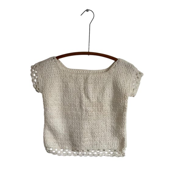 Vintage 60s 70s Ivory White Crochet Top. Handmade Cottagecore Knit Top Blouse. Hippie Boho Knit Crop Top. 90s. 1990s.