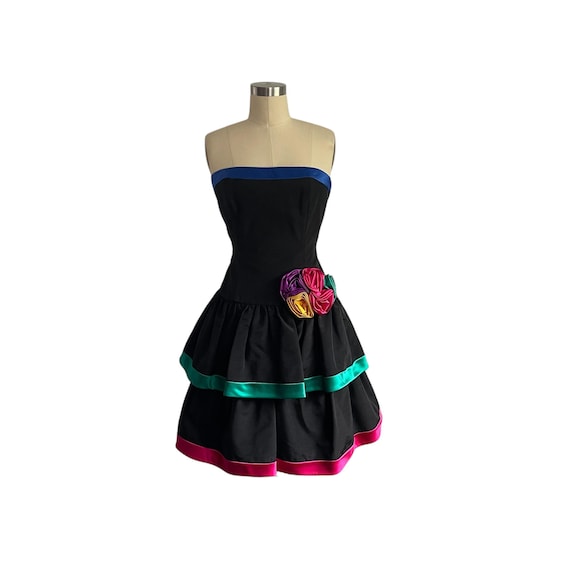 Vintage AJ Bari Strapless Black Ruffle Dress: 80s 90s, Prom, Homecoming, Holiday Party Dress