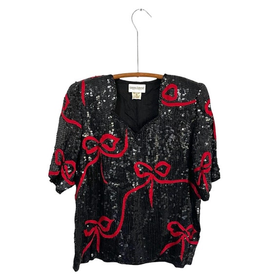 Vintage 70s 80s 90s Black and Red Deco Silk Blouse. Red Ribbon Black Sequin Party Top. Queen Anne Neckline. Potomac Collection Petites.