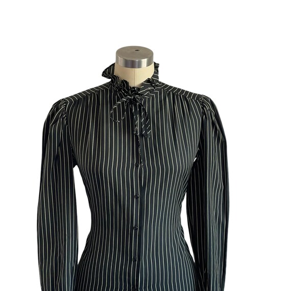 Vintage Jonquil Dark Pinstriped Button-Up Blouse. Mock Neck Striped Buttoned Top. Goth Core Wednesday Blouse Shirt. 70s. 80s. 1970s. 1980s.
