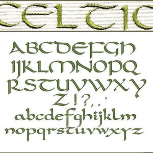 Puede incluir: Fuente de alfabeto celta en verde, con letras mayúsculas y minúsculas, números y signos de puntuación.