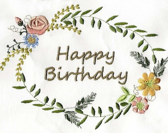 Happy Birthday....WATERCOLOUR WREATH 5x7  Machine embroidery Designs