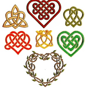 Könnte beinhalten: Ein Satz von acht keltischen Knotendesigns in verschiedenen Farben, darunter Rot, Grün, Gold und Braun. Die Designs umfassen Herzen, Dreiecke und einen Kranz.