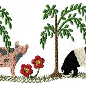 May include: Embroidered design featuring two pigs, one pink with black spots and one black with a white patch, standing under green trees with pink flowers.