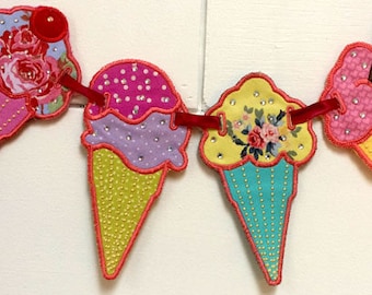 ICECREAM CONE BUNTING, banner, garland.  Machine embroidery Designs