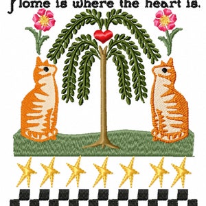 FOLKART SAMPLER, Zuhause, Herz, Katzen.     Maschinenstickerei