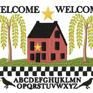 FOLKART SAMPLER, Stern Herzlich Willkommen.     Maschinenstickerei
