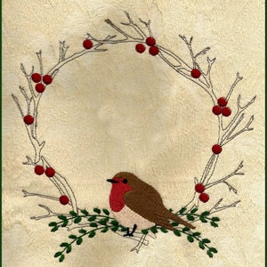 Grande grinalda extravagante de Twiggy Robin. Desenhos de bordados à máquina de Natal