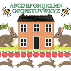 FOLKART SAMPLER, Haus, Hasen.   Maschinenstickerei