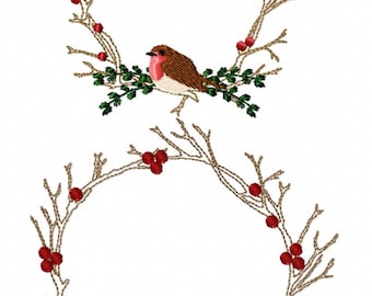 Whimsy Twiggy Robin Wreath  in 2 sizes.  .Christmas Machine Embroidery Designs