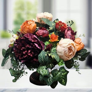 Burgundy Orange Flower Arrangement | Autumn Peony Rose Centerpiece | Elegant Fall Floral Decor