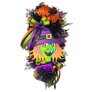 Halloween Witch Teardrop Swag - 33 Inch Door Wreath with Gemstones, Spiders, and Double Bow - Spooky Purple and Orange Fall Decor
