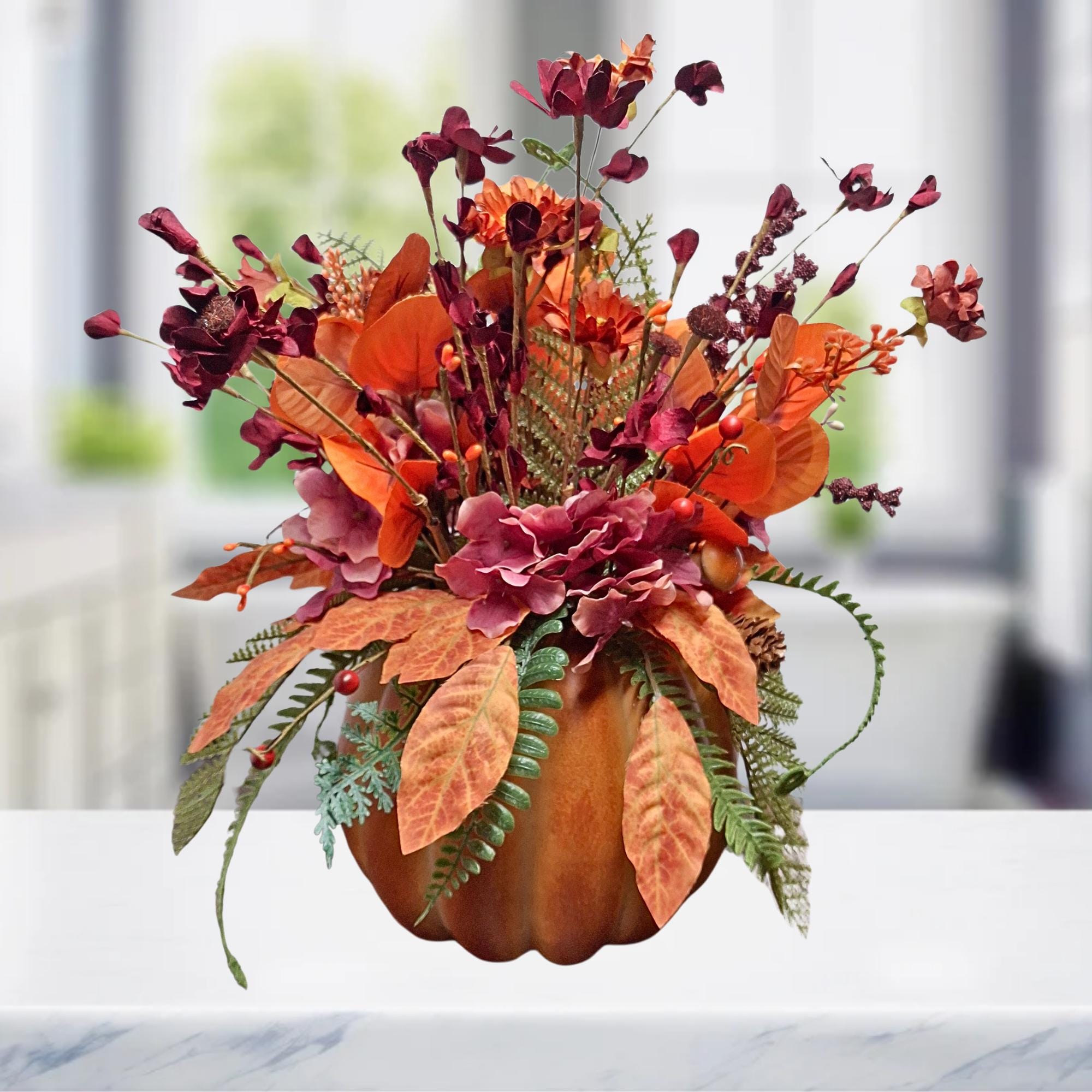 Burgundy Orange Pumpkin Flower Arrangement