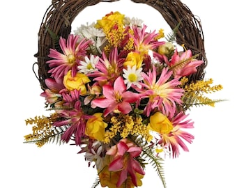 Pink and Yellow Floral Grapevine Wreath | Dahlia Lily Wreath | Front Door Flower Decor