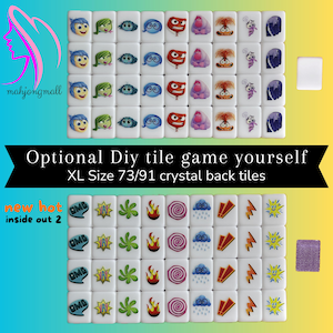 May include: A set of 73 white mahjong tiles featuring colourful images of characters from the film Inside Out. The tiles are arranged in a grid pattern and have a crystal back. The text "Optional Diy tile game yourself XL Size 73/91 crystal back tiles" is printed below the tiles.