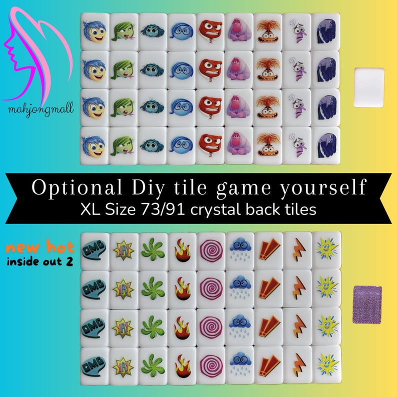 May include: A set of 73 white mahjong tiles with colorful images of characters from the movie Inside Out. The tiles are arranged in a grid pattern and have a crystal back. The text "Optional Diy tile game yourself XL Size 73/91 crystal back tiles" is printed below the tiles.