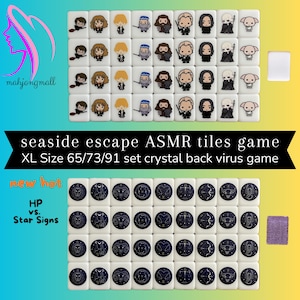 May include: Two sets of white domino tiles with different designs. The first set features Harry Potter characters, and the second set features zodiac signs on a dark blue background. The text "seaside escape ASMR tiles game XL Size 65/73/91 set crystal back virus game" is displayed above the tiles.