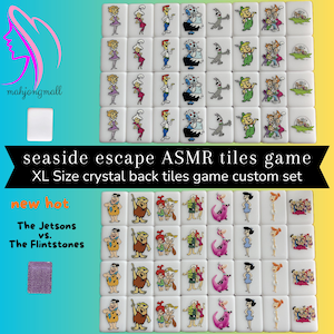 May include: A set of white XL-size mahjong tiles featuring cartoon characters from The Jetsons and The Flintstones. The tiles also feature characters and scenes from a seaside theme. The text "seaside escape ASMR tiles game" is visible.