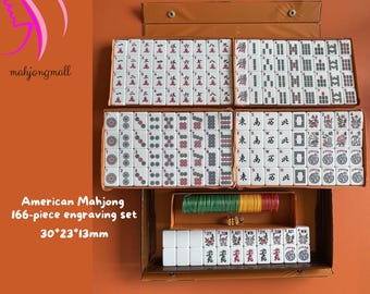 Juego de Mahjong Americano: 166 fichas grabadas con estuche vintage, tapete de bonificación y soportes