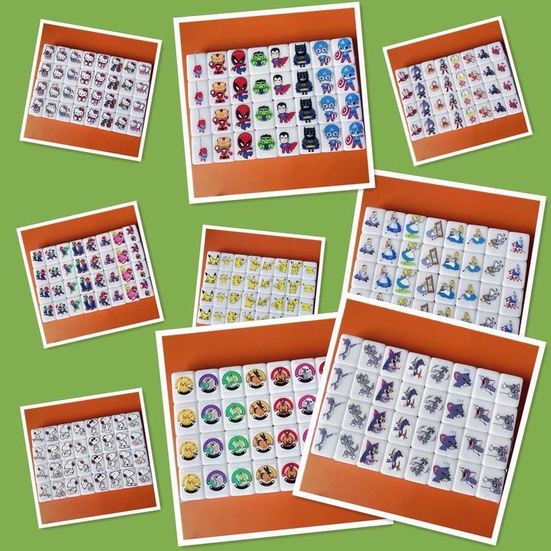 May include: A collection of 36 white ceramic dice with various cartoon character designs. The dice feature characters like Hello Kitty, Pikachu, Tom and Jerry, and more.