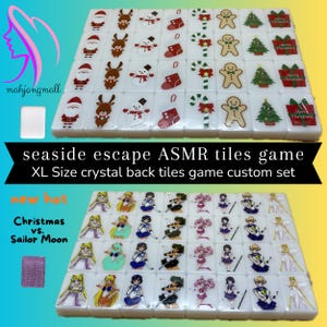 May include: A custom mahjong set featuring white tiles with Christmas-themed and Sailor Moon character designs. The top set includes Santa, reindeer, snowman, and gingerbread man images. The bottom set showcases various Sailor Moon characters.