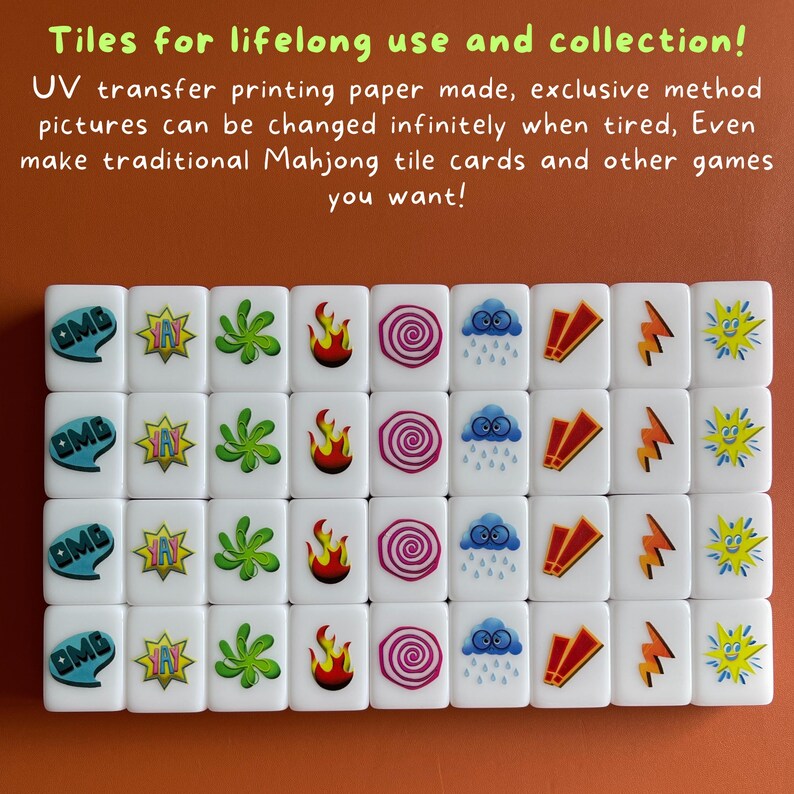 May include: A set of 16 white square tiles with colorful images printed on them. The images include a speech bubble with the word "OMG", a speech bubble with the word "YAY", a green clover, a red flame, a pink spiral, a blue cloud with raindrops, a red lightning bolt, and a yellow sun with a smiley face.