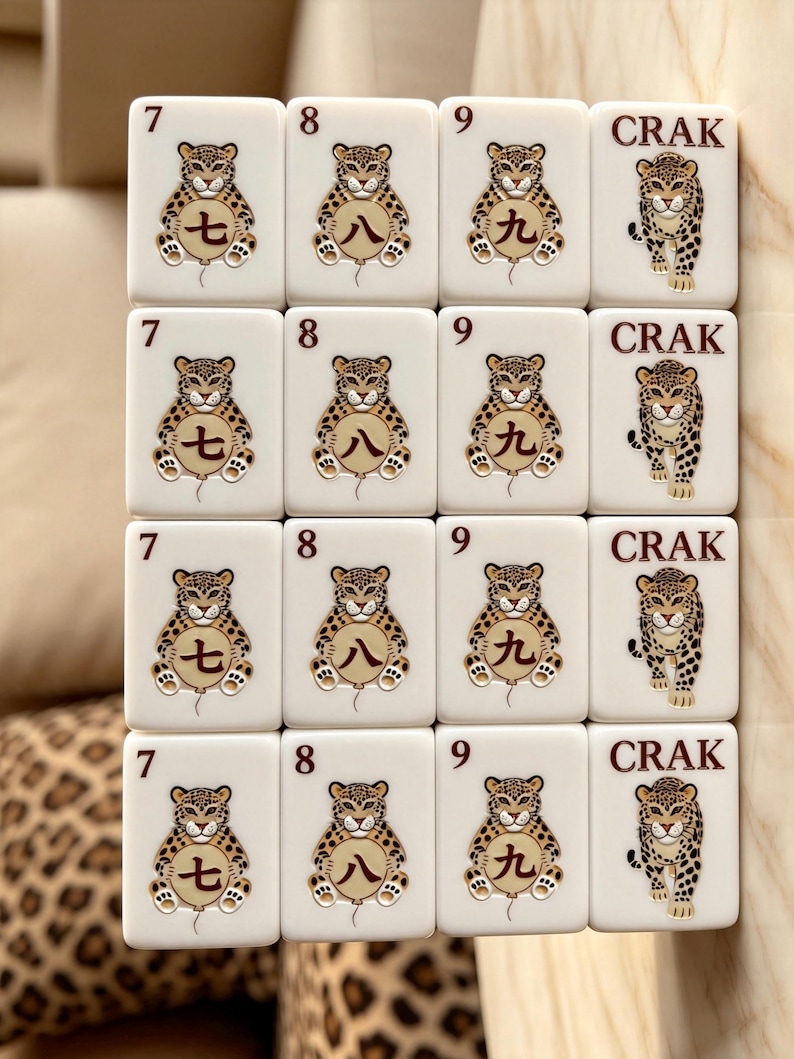 May include: A set of sixteen white rectangular mahjong tiles arranged in a four-by-four grid. Each tile features a leopard illustration. The tiles display the numbers 7, 8, 9, and the text CRAK, accompanied by Chinese characters on balloons.