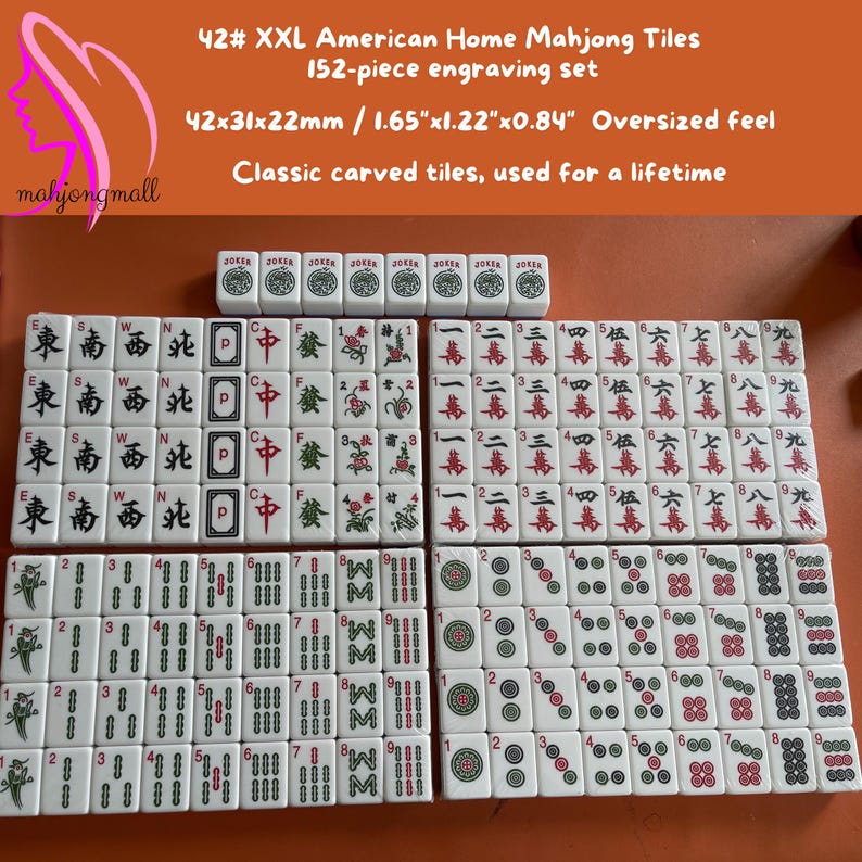 May include: A set of 152 engraved XXL American Home Mahjong tiles. The tiles are white with black, red, and green symbols and characters. The set includes joker tiles and measures 1.65"x1.22"x0.84". The text on the image says "Classic carved tiles, used for a lifetime."