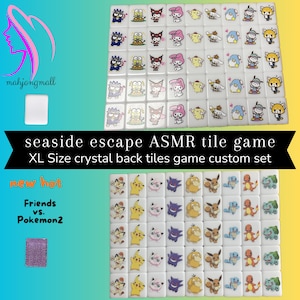 May include: A set of 36 white mahjong tiles featuring various cartoon character designs. The tiles are arranged in a grid pattern and include Hello Kitty, Pikachu, and other popular characters. The tiles are labelled "Friends vs. Pokemon2".