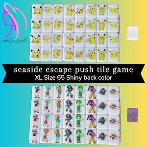 May include: Two sets of 65 large, white, square tiles with colorful cartoon images. The top set features a yellow cartoon character with a red lightning bolt on its cheek. The bottom set features a variety of cartoon characters with different colored clothing and hair. The text "seaside escape push tile game XL Size 65 Shiny back color" is printed below the top set of tiles.