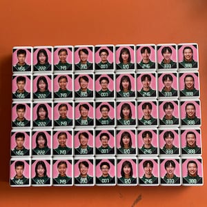 May include: A set of 35 white tiles with pink backgrounds and black numbers. Each tile features a different person's face. The numbers on the tiles are 456, 222, 149, 390, 007, 120, 246, 333, and 388.