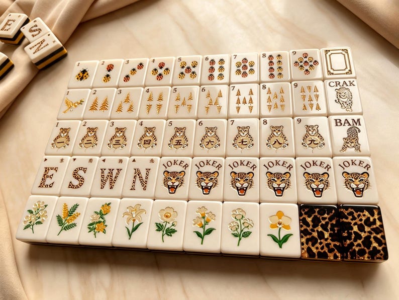 May include: A set of cream-colored Mahjong tiles arranged in a grid. The tiles feature gold-toned illustrations of ladybugs, trees, leopards, and flowers, along with the text JOKER, CRAK, BAM, E, S, W, N, and leopard print patterns on the final two tiles.