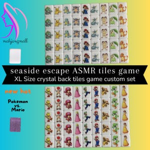 May include: A set of white square tiles with images of Pokemon and Mario characters. The tiles are arranged in a grid pattern and have a crystal back. The text "seaside escape ASMR tiles game XL Size crystal back tiles game custom set" is printed on the image.