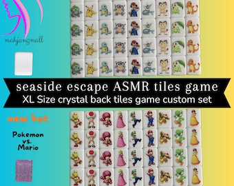 Könnte beinhalten: Ein Satz weißer quadratischer Kacheln mit Bildern von Pokemon- und Mario-Charakteren. Die Kacheln sind in einem Raster angeordnet und haben eine Kristallrückseite. Der Text "seaside escape ASMR tiles game XL Size crystal back tiles game custom set" ist auf dem Bild gedruckt.