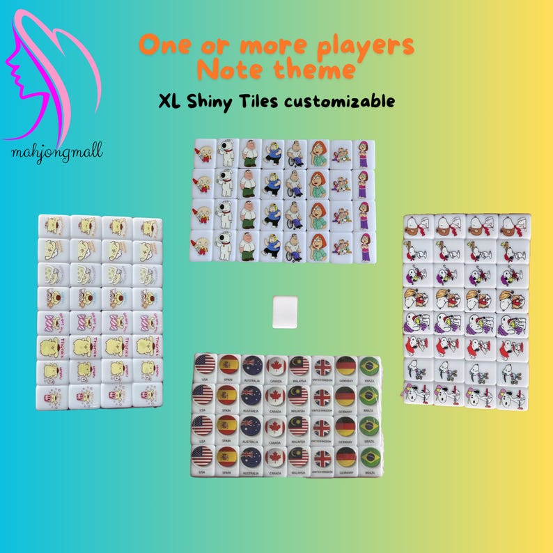 May include: Three sets of white mahjong tiles with different designs. The first set features cartoon characters from the TV show Family Guy. The second set features cartoon animals. The third set features flags of different countries. The tiles are XL size and shiny. The text "One or more players Note theme XL Shiny Tiles customizable" is at the top of the image.