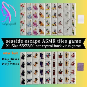 May include: A set of 91 white domino-like tiles with images of Disney characters. The tiles feature characters like Mickey Mouse, Ariel, Cinderella, and Simba. The tiles are arranged in a grid pattern and have a crystal back. The text "seaside escape ASMR tiles game XL Size 65/73/91 set crystal back virus game" is displayed above the tiles. The text "new hot Disney Heroes vs. Disney Villains" is displayed below the tiles.