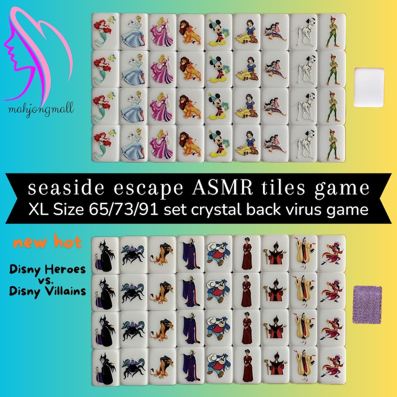 May include: A set of 91 white domino-like tiles featuring images of Disney characters. The tiles depict characters such as Mickey Mouse, Ariel, Cinderella, and Simba. The tiles are arranged in a grid pattern and have a crystal back. The text "seaside escape ASMR tiles game XL Size 65/73/91 set crystal back virus game" is displayed above the tiles. The text "new hot Disney Heroes vs. Disney Villains" is displayed below the tiles.