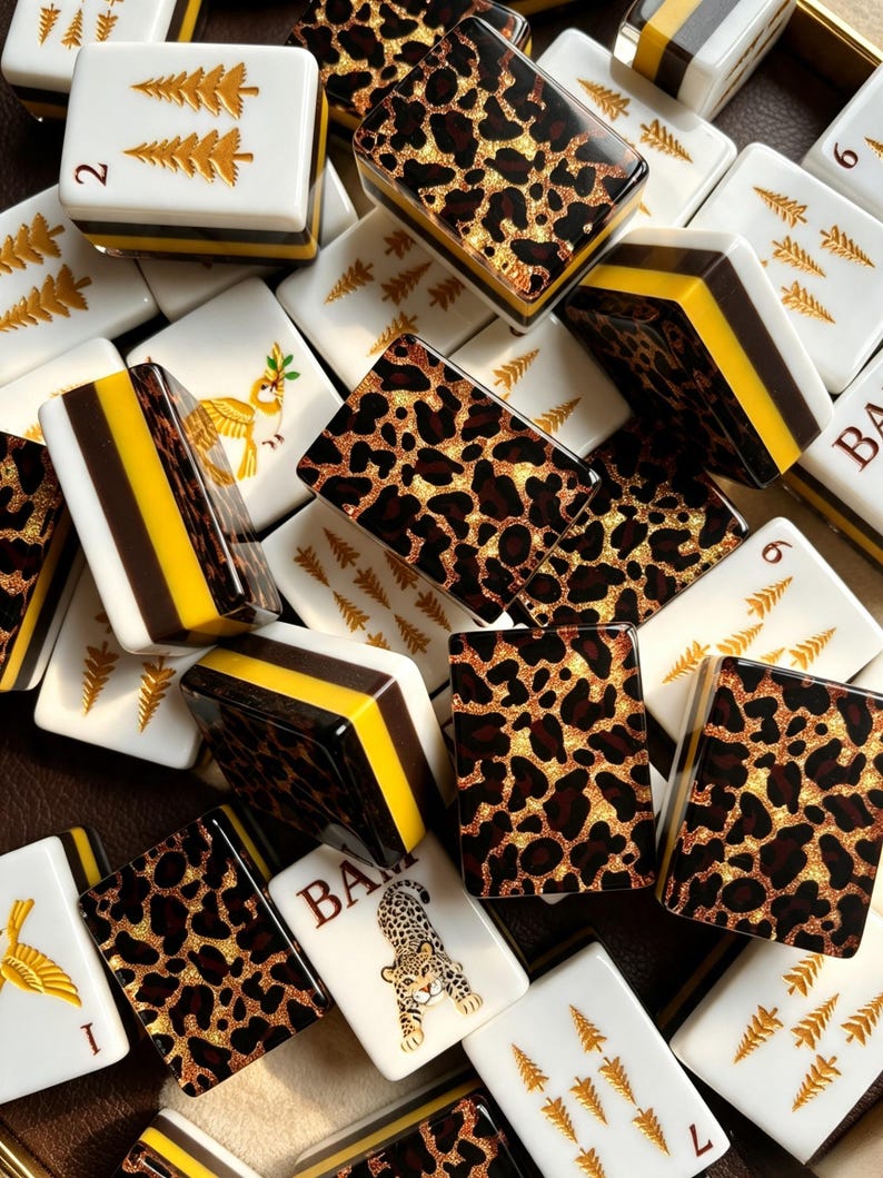 May include: A collection of rectangular mahjong tiles featuring a mix of white tiles with gold tree and bird illustrations, and tiles with a brown, black, and gold leopard print pattern. Some tiles display the text BAM and numerical markings.