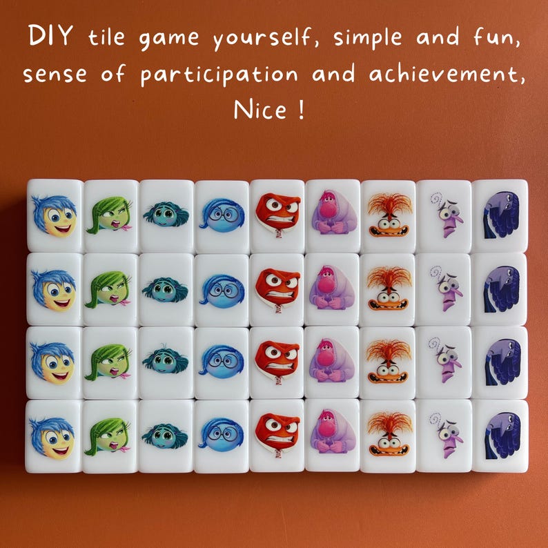 May include: A set of 20 white square tiles with colorful images of characters from the movie Inside Out. Each tile features a different character, including Joy, Sadness, Anger, Fear, and Disgust. The tiles are arranged in four rows of five tiles each.