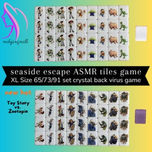 Può includere: Un set di tessere di mahjong bianche con personaggi di "Toy Story" e "Zootopia". Le tessere sono disposte a griglia, con il testo "seaside escape ASMR tiles game" e "Toy Story vs. Zootopia" visibili. Il set è etichettato "XL Size 65/73/91".