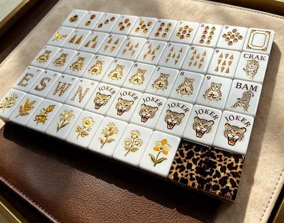 Luxury Leopard American Mahjong Set, 1.2'' 160 Engraved Tiles, Black Gold Mahjong Gift
